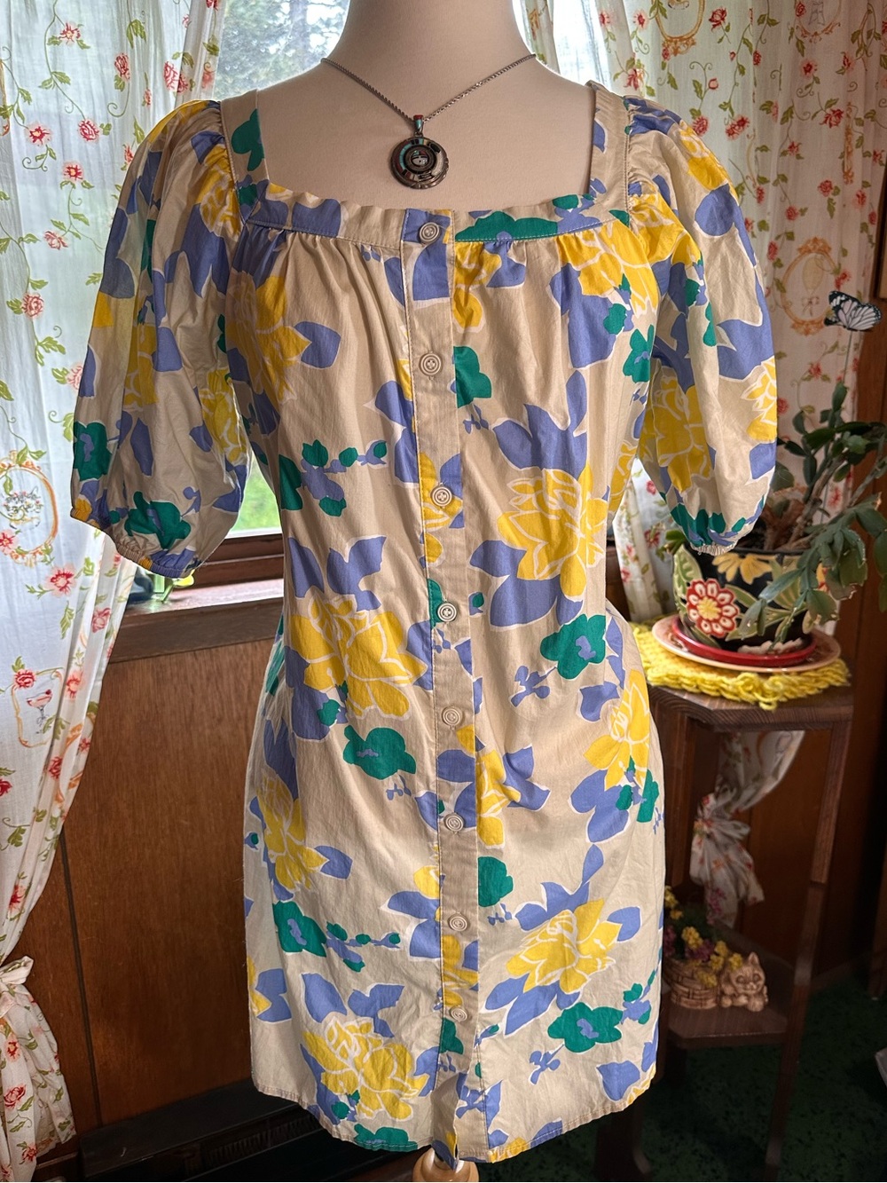 Beulah • Square Neck Floral Buttoned Puff Sleeve Summer Dress